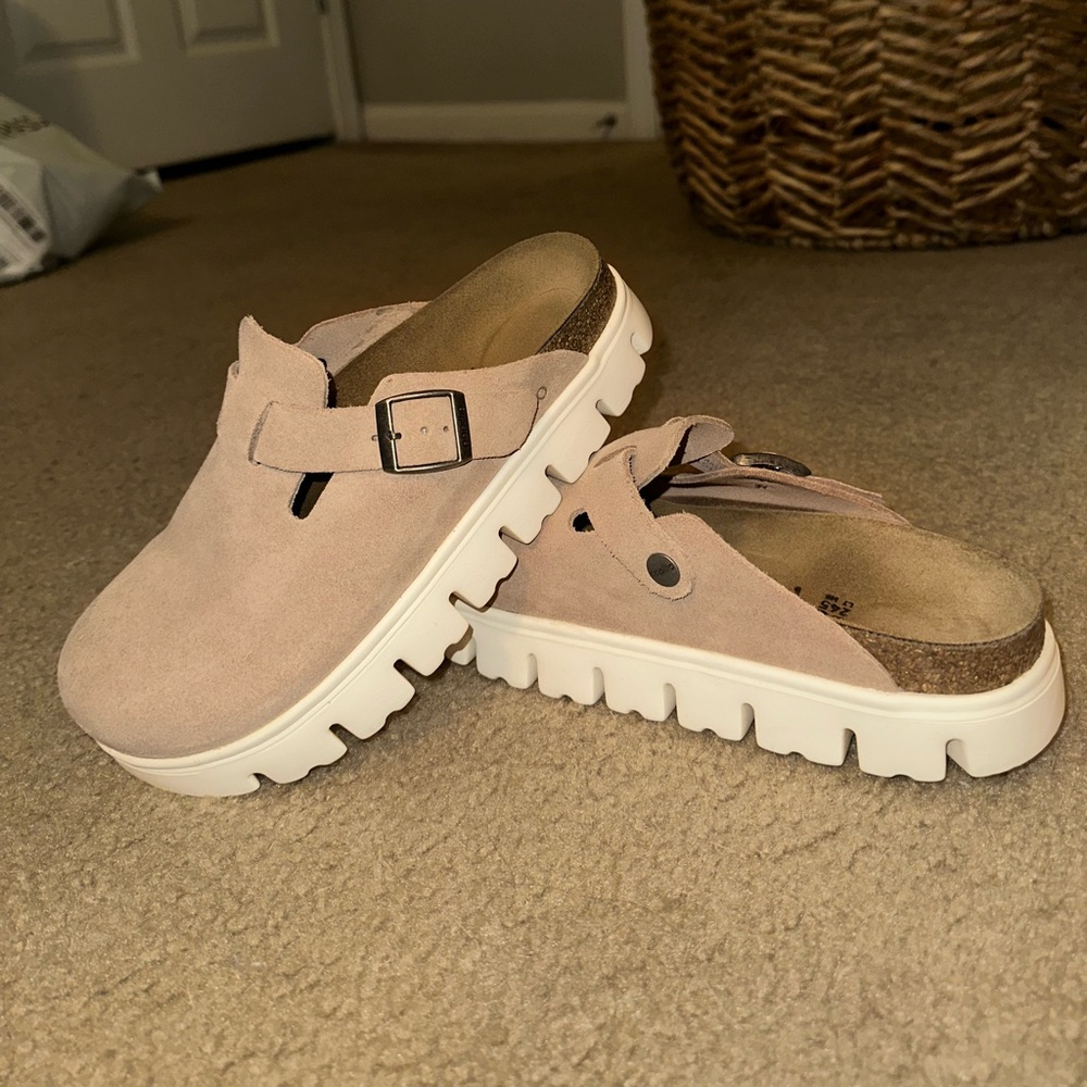 Birkenstock Suede Sandals in Tan and White